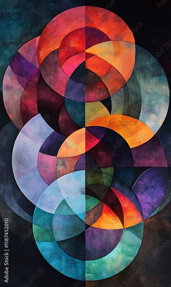 Poster overlapping transparent circular shapes in blue, orange, and red on an abstract background.