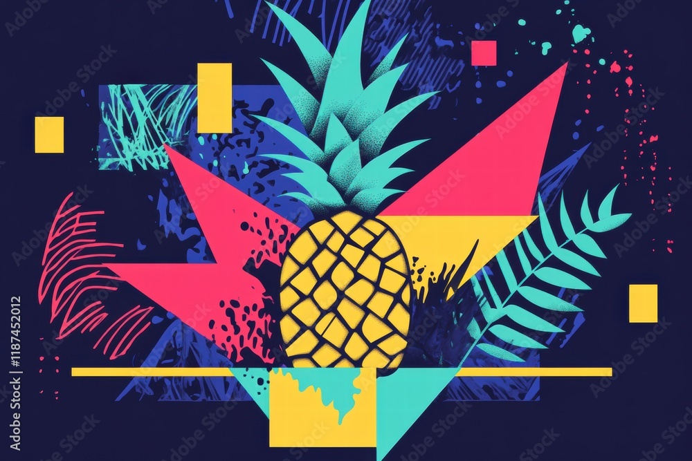 Poster vibrant abstract geometric design featuring a pineapple amidst colorful shapes and patterns. generat