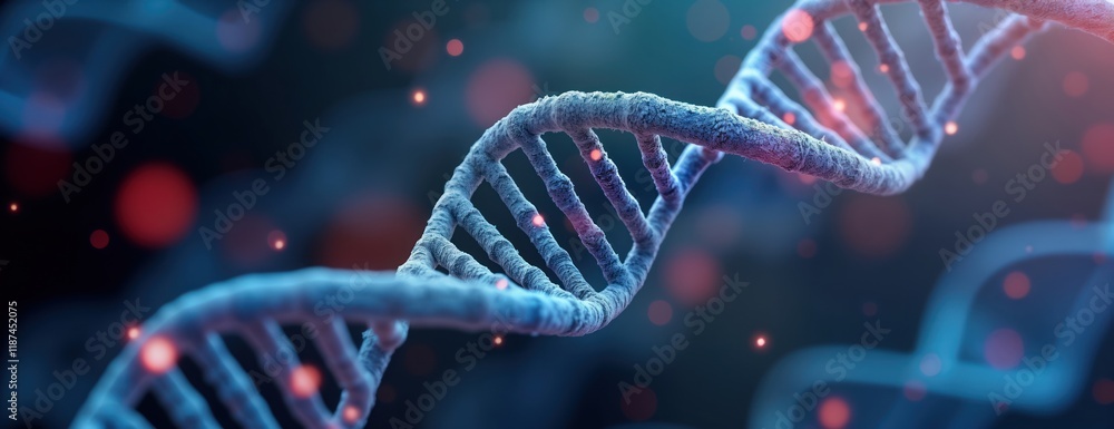Poster Detailed 3D illustration of DNA double helix. Complex molecule structure highlighted with vibrant colors. Scientific research concept in bio tech. Futuristic lab setting. Advanced genetic