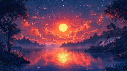 river scenery illustrations that look like a scene from an anime or game background blue sky sun clouds sunset night fog snow rain autumn cherry blossoms etc