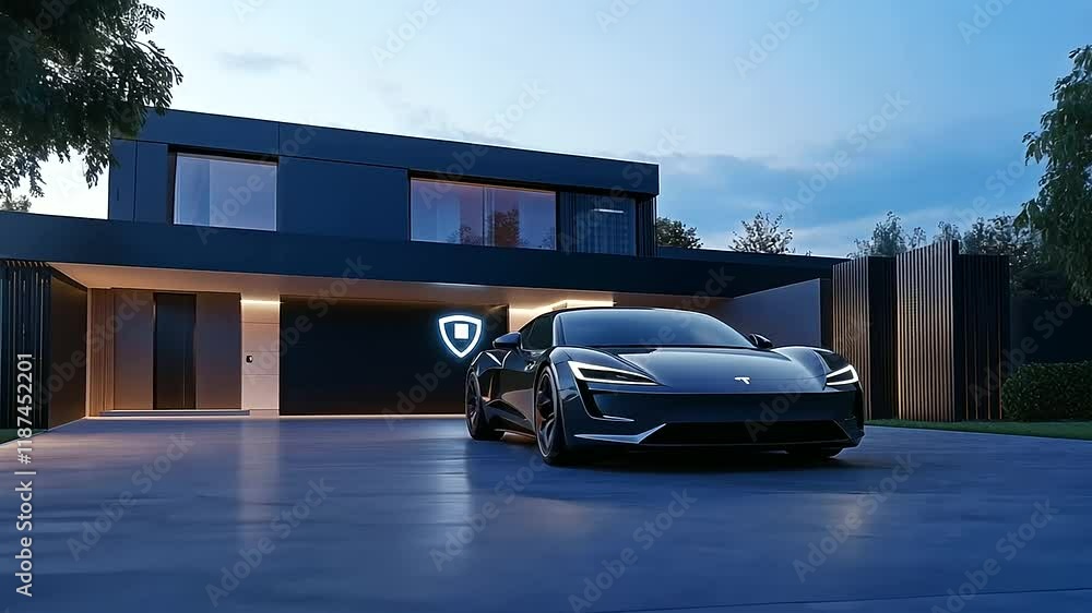 Poster a sprawling smart home with clean, futuristic lines glows softly in the evening, its security symbol