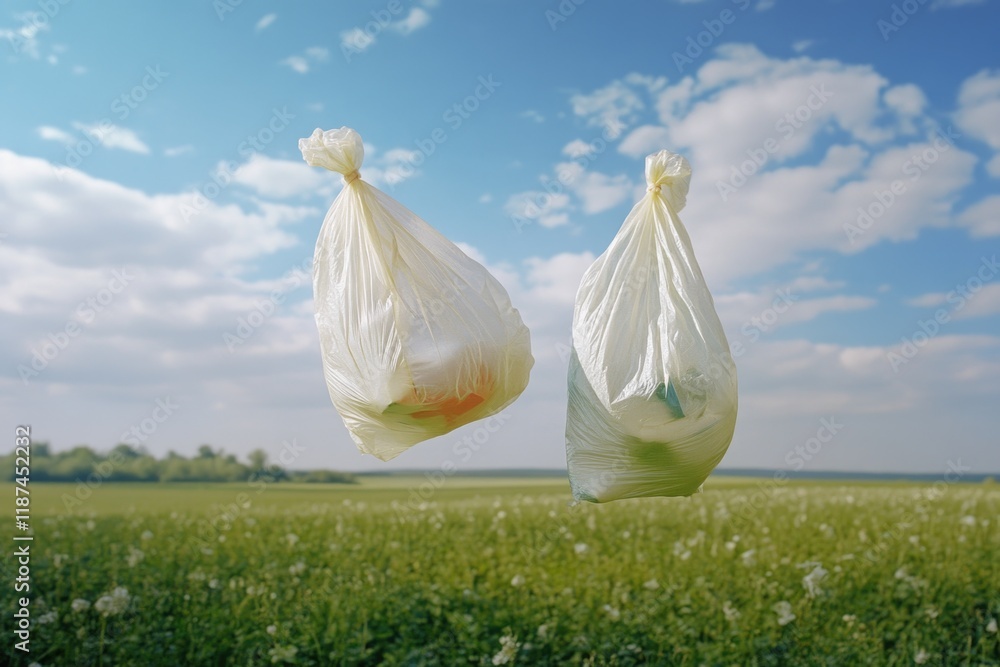 Poster two bags of onions suspended from a string in an open field