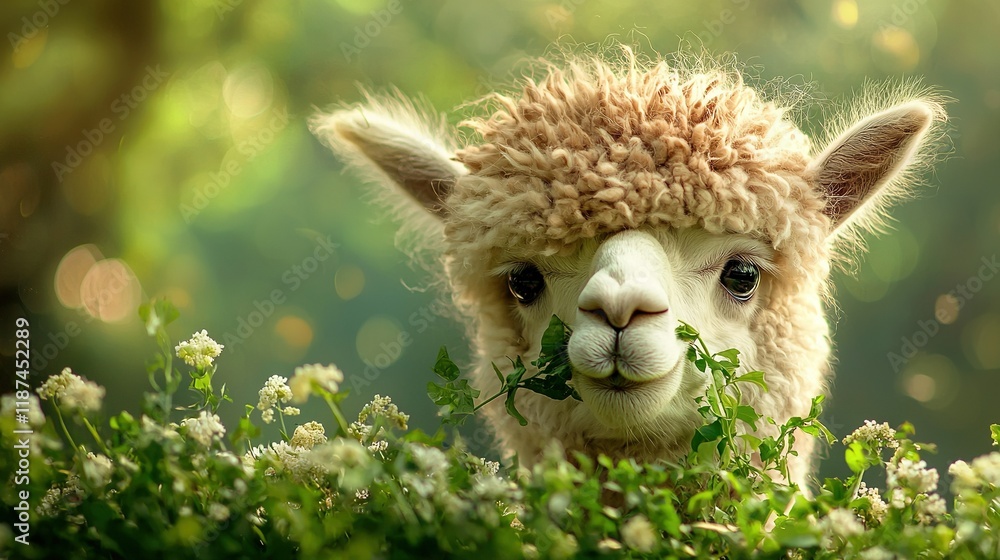 Poster a sheep in a grassy field with a bush obstructing its face