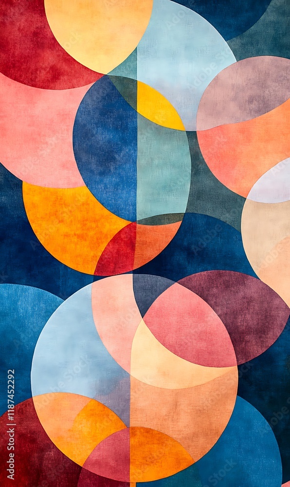 Poster circular transparent patterns in blue, orange, and red overlap on an abstract geometric background.