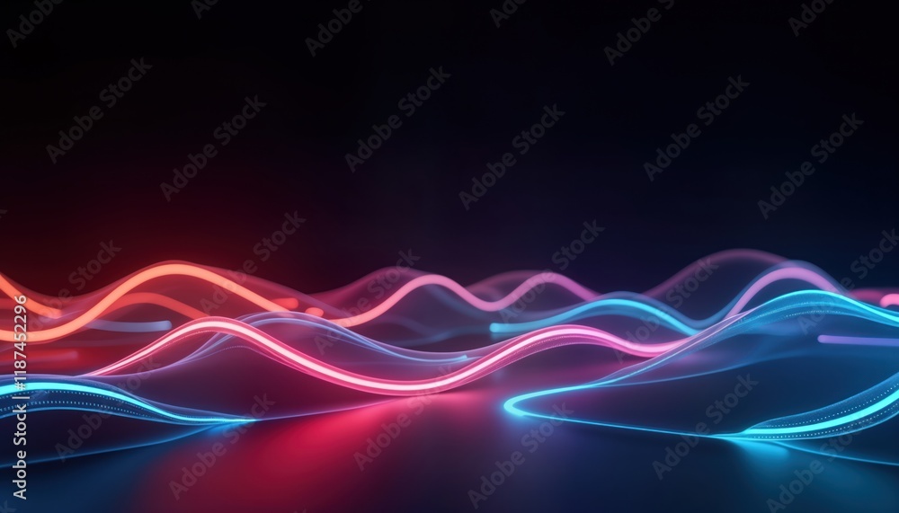 Poster abstract glowing neon wavy lines create dynamic, colorful background. vibrant pink, blue lines undul
