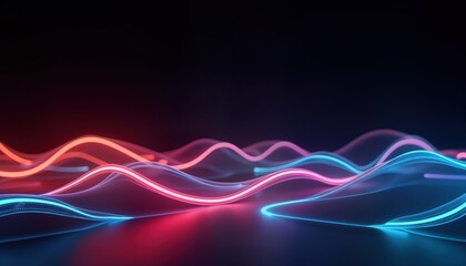 Abstract glowing neon wavy lines create dynamic, colorful background. Vibrant pink, blue lines undulate in smooth motion over dark surface. Design looks futuristic, modern. Minimalist design perfect