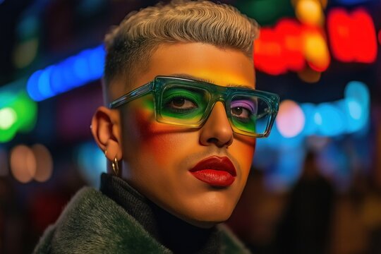 Young stylish influencer wearing colorful makeup and glasses posing at night