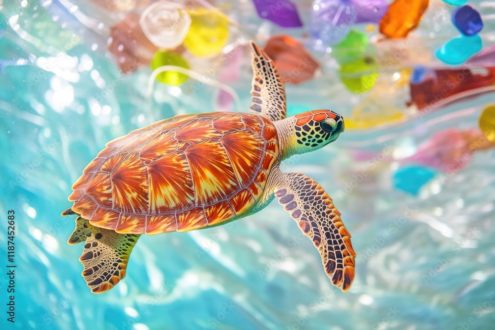 Poster a turtle swims through the calm waters of a pool, offering a peaceful and serene scene