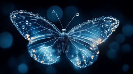 Glowing blue butterfly with water droplets on dark background.