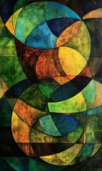 Fototapeta premium Glowing circles in green and blue overlap, interrupted by bold, diagonal lines in contrasting warm colors.