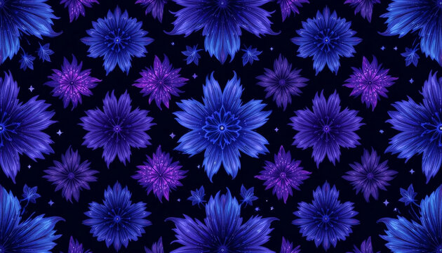 Seamless Abstract Purple and Blue Magical Flower Patterns for Beautiful Background Designs
