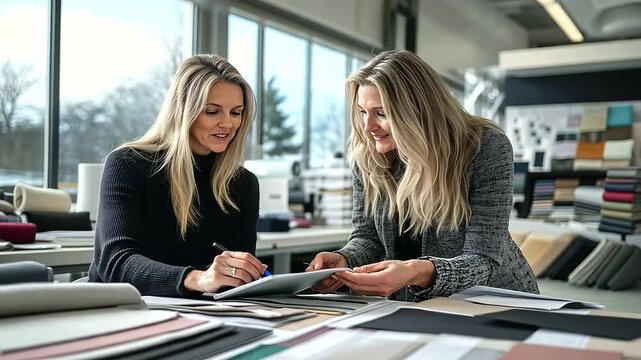 A textile store buzzes with activity as a consultant enthusiastically flips through fabric swatches with a customer, showcasing patterns and textures for custom upholstery.