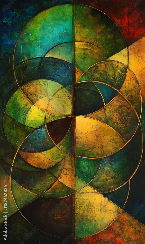Poster vibrant green and blue circles overlap, with striking diagonal lines in warm hues creating sharp con