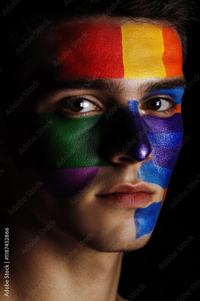 Aufkleber a person with a colorful rainbow design painted on their face, suitable for use in illustrations abo