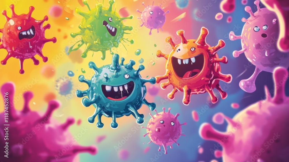 Poster playful cartoon viruses engaging in a whimsical battle with antibodies in a colorful animated world.