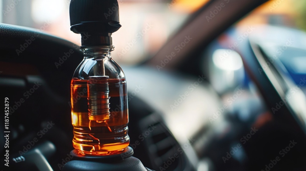Poster a close-up view of a car dashboard with a bottle of alcohol placed on the center console