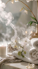 Obraz premium Beautiful white orchids and roses with candles creating a soft romantic glow