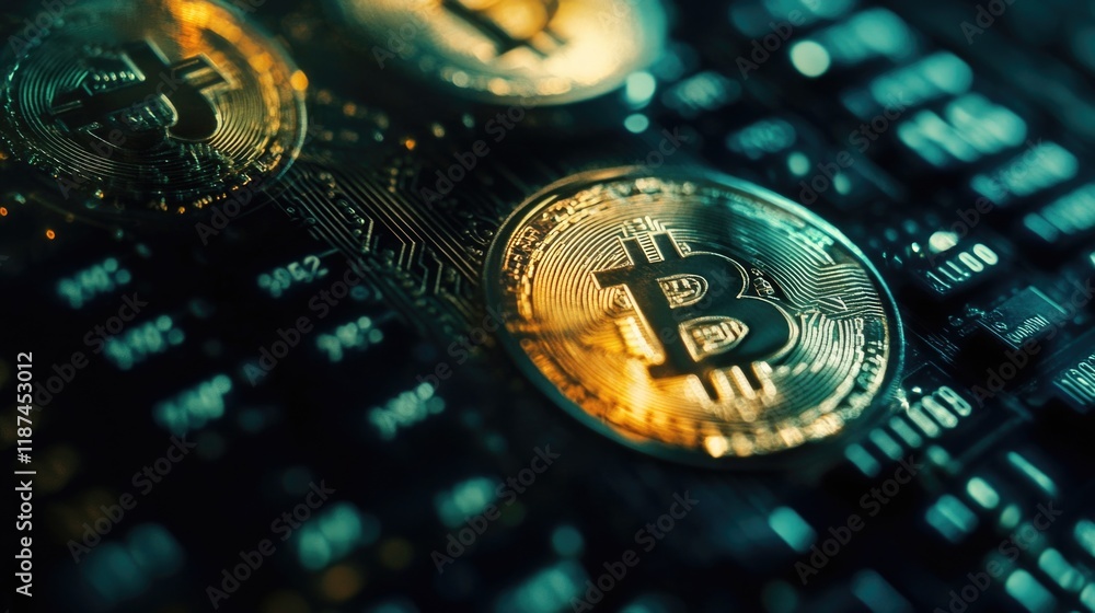 Aufkleber A close-up shot of bitcoins displayed on a computer keyboard