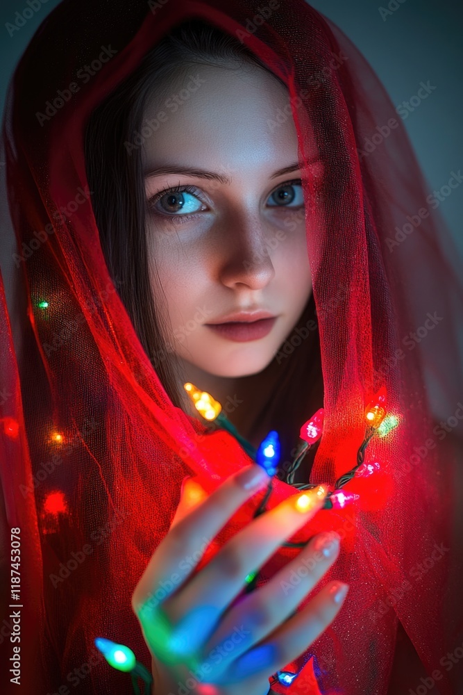 Poster a woman wearing a veil holds a string of lights, perfect for capturing moments or adding ambiance to