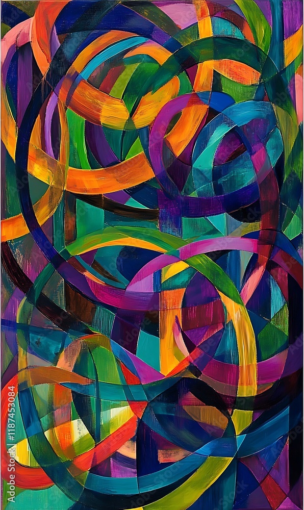 Poster bright green and blue circles intersect, with bold diagonal lines in warm tones running across the i