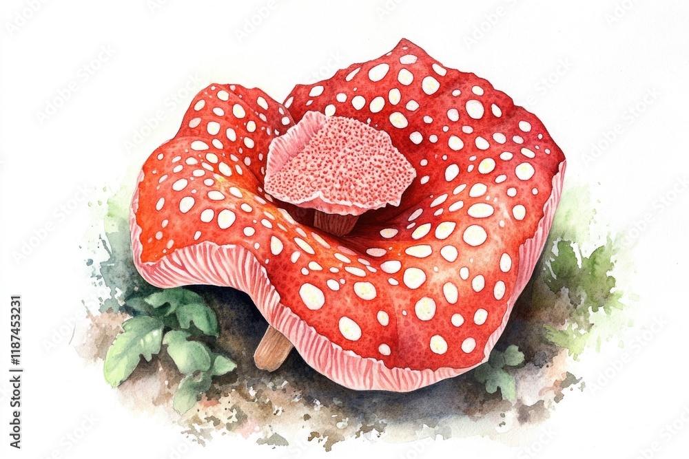 Poster a close-up view of a bright red mushroom with distinctive white spots, often found in forest floors