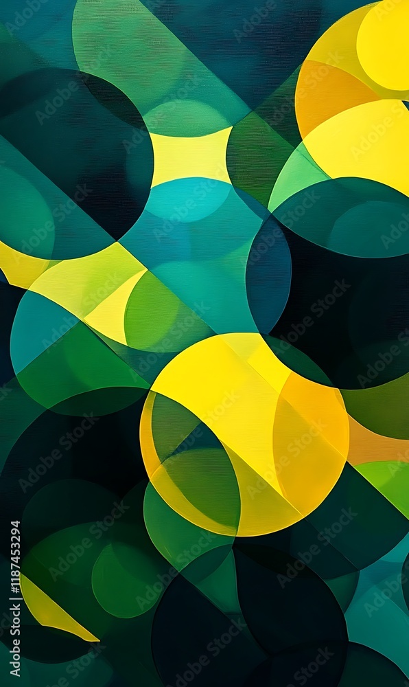 Poster circles in glowing green and blue, crossed by sharp diagonal lines in contrasting warm colors.