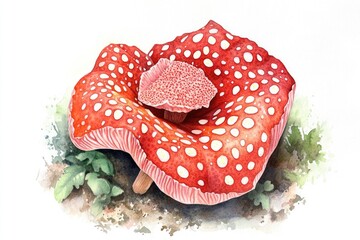 A close-up view of a bright red mushroom with distinctive white spots, often found in forest floors