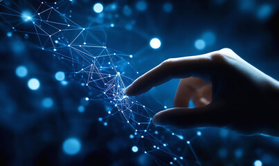 Futuristic Touch Interface with Glowing Blue Particles, Holographic Display, and Cybernetic Connection - Sci-Fi Concept of Digital Network Interaction and High-Tech Innovation