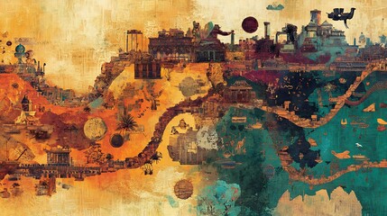 Vibrant visualization of ancient trade routes connecting distant civilizations relics of their exchanges