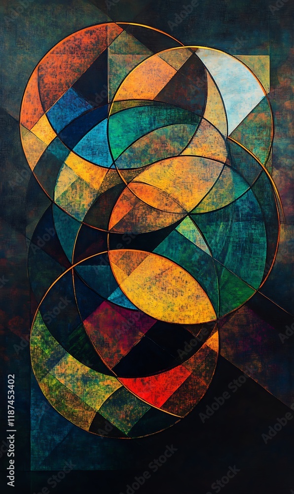 Poster circles in glowing green and blue, crossed by sharp diagonal lines in contrasting warm colors.