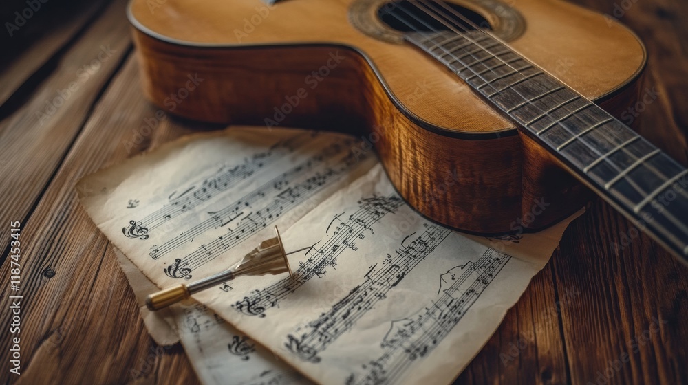 Fototapete Guitar resting on wooden surface next to scattered sheet music and a tuning fork for tuning strings. Generative AI
