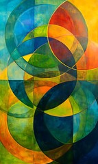 Obraz premium Glowing green and blue overlapping circles with diagonal lines in contrasting warm tones.