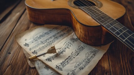 Guitar resting on wooden surface next to scattered sheet music and a tuning fork for tuning...