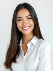 Fototapeta premium Empowered latina entrepreneur, smiling, office shirt, confident, businesswoman, happy look.