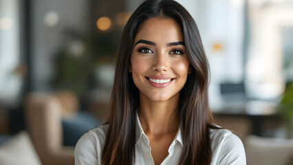 Obraz premium Smiling latina in office, empowered businesswoman, entrepreneur, confident, happy, leader.