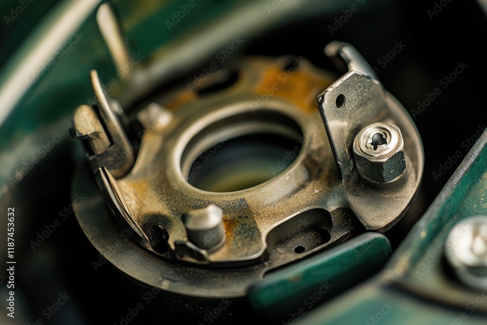 Poster close-up view of a metal object on a table, suitable for use in industrial or commercial settings