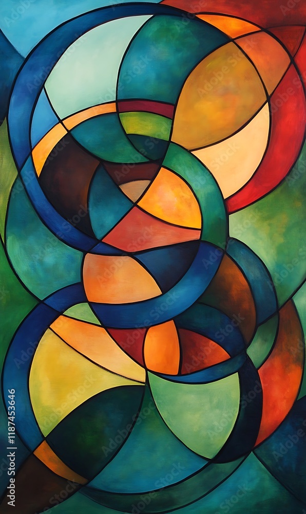 Poster bright green and blue circles intersected by sharp diagonal lines in bold, warm contrasting colors.