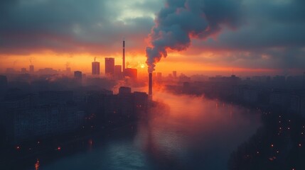 Fototapeta premium smog forming mist over the town smoke rising from the chimney combining with the fog