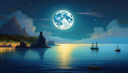 Enchanting Digital Artwork Moonlight Glancing over a Tranquil Sea Landscape, Blending Abstract Oil...