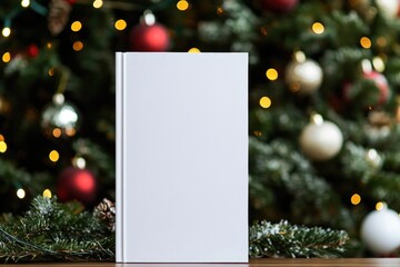 A book sitting on a wooden table next to a decorated Christmas tree