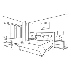 Simple sketch drawing of interior design vector illustration for bedroom. Interiors themes in simple sketch concept design vector. Housing interior for reference and presentation purpose to the client