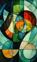 Fototapeta premium Overlapping circles in glowing greens and blues, intersected by sharp diagonal lines in contrasting warm colors