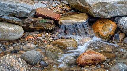 Close-up of a small waterfall cascading over colorful rocks and pebbles in a tranquil stream.