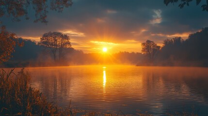Obraz premium sunrise over river blanice in south bohemia in autumn nice morning