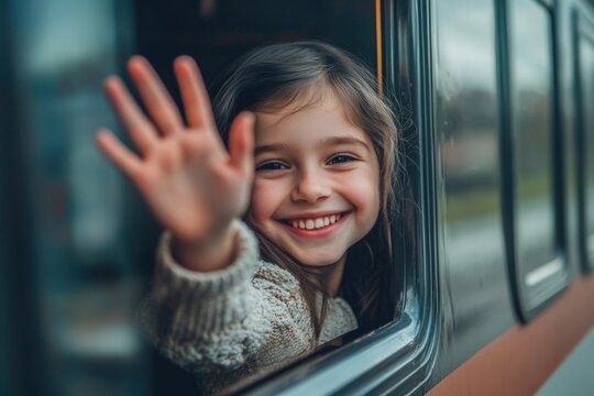 A young girl excitedly waving goodbye as the train pulls away, possibly heading off to school or visiting family