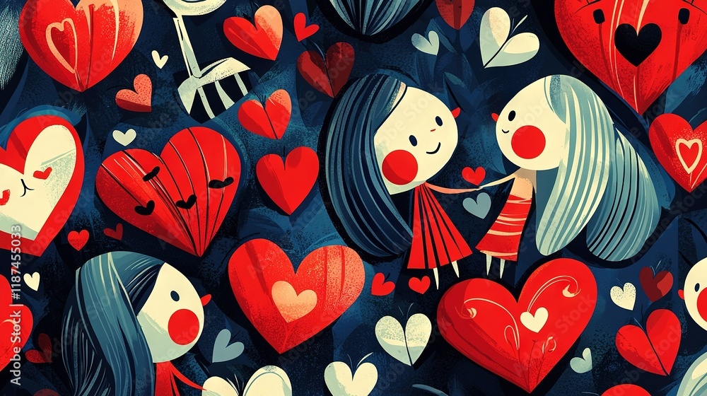 Poster a pair of individuals standing beside one another in front of an array of red and white heart-shaped