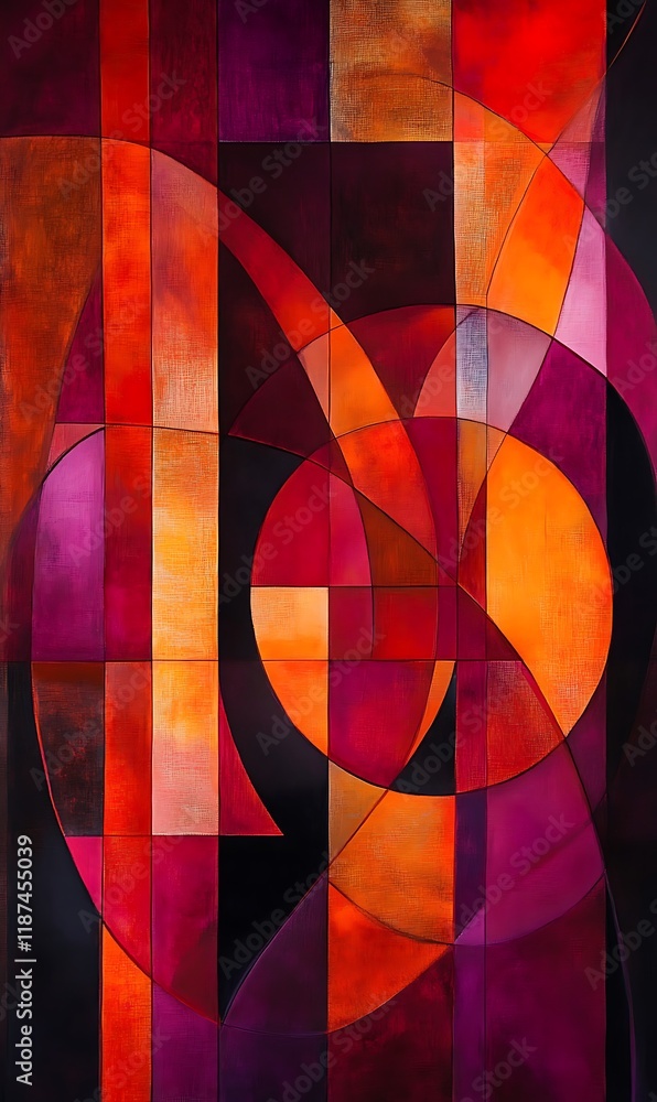 Poster geometric forms in warm hues of red and orange, intersected by cool-toned diagonal lines and circles