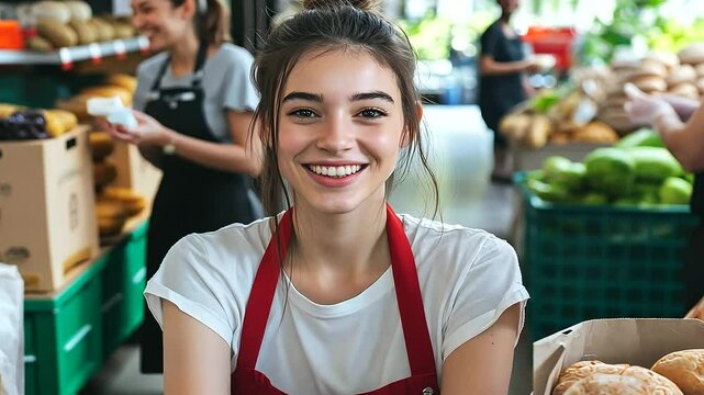 A young woman joyfully packs loaves of bread and bottles of juice into a bag