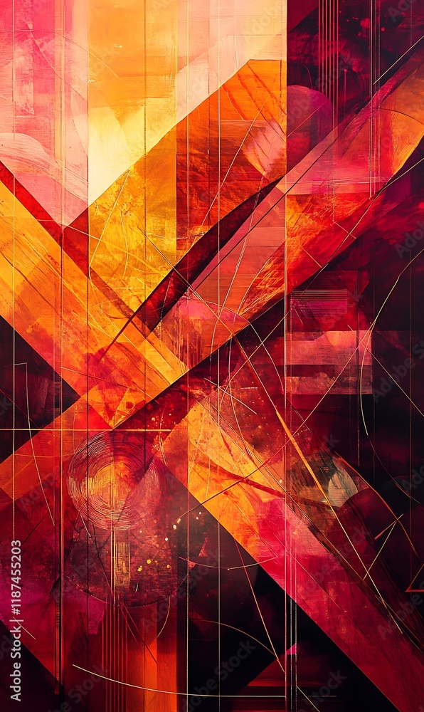 Poster a mix of red and orange geometric shapes with cool diagonal lines and circular patterns overlapping.