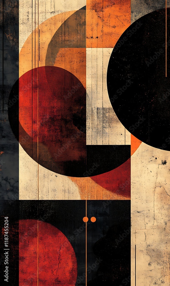 Aufkleber a mix of red and orange geometric shapes with cool diagonal lines and circular patterns overlapping.
